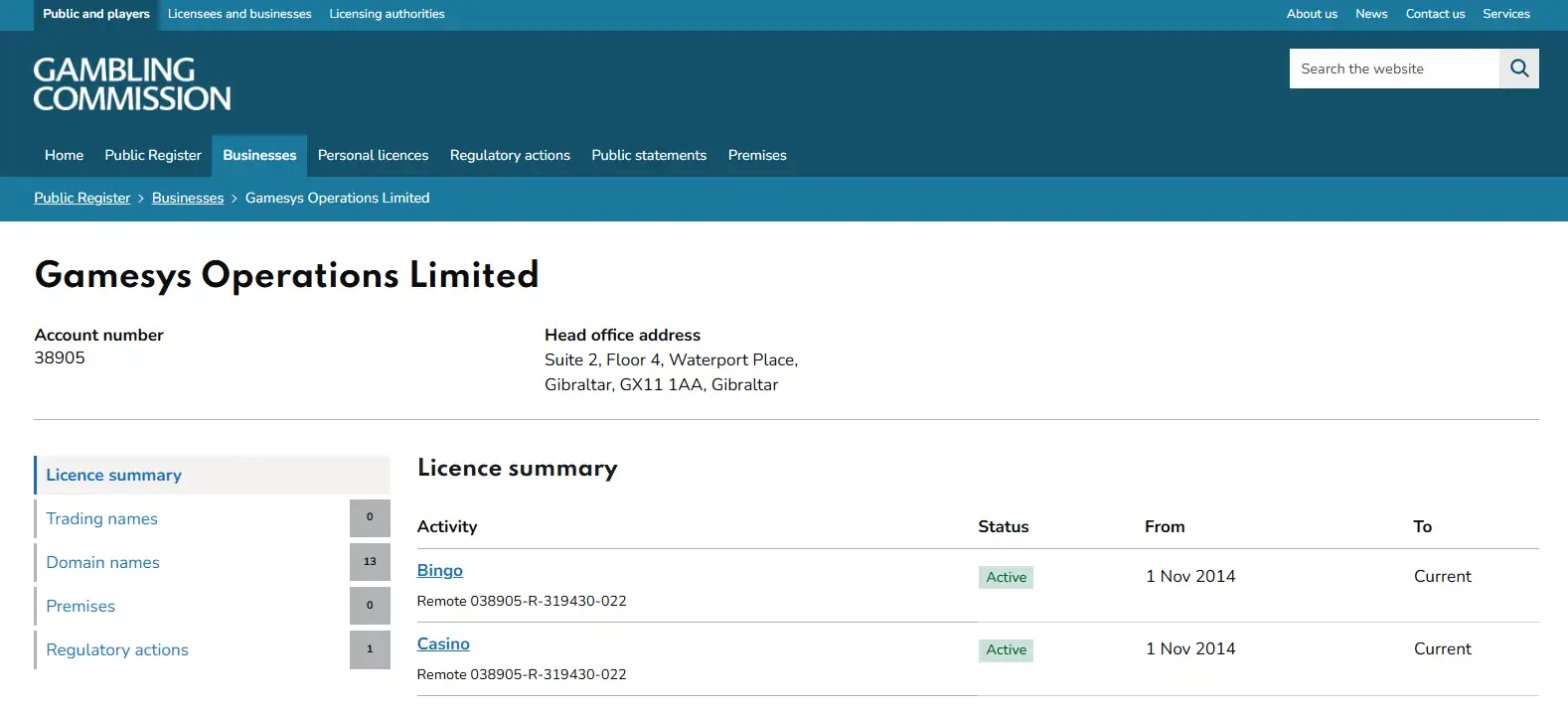 UK Gambling Commission public register entry for Gamesys Operations Limited